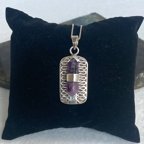 Sterling Silver 925 Double Point Amethyst Snake Scrollwork Pendant Necklace 18" - Picture 5 of 16